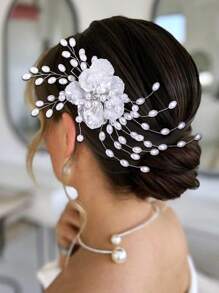 1 件优雅树脂花朵串珠珍珠新娘发夹，女士发饰头饰适合婚礼派对 - 銀色 - 查看 8