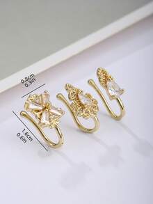 3 piezas Anillo de nariz de estilo de Asia del Sur, color dorado, con clip de nariz falso de metal con CZ para uso diario de mujeres - Dorado - Ver 3