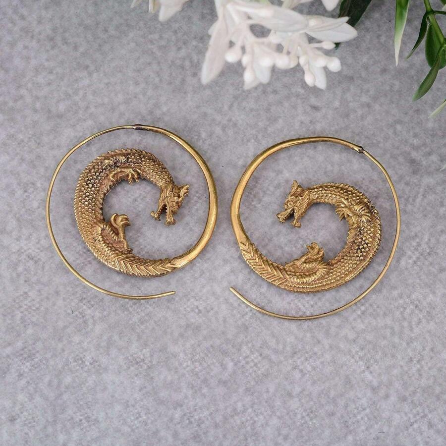 复古哥特式龙形耳环 女士龙形螺旋金耳环 时尚日常派对珠宝