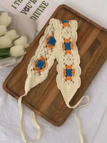 1pc Floral Crochet Knitted Headband, Spring & Summer Ins Style Decorative Headband, Handmade Woven Contrast Color Retro Floral Hair Band, Sweet Knitted Headscarf,Hair Accessories,Turban Headband, Hairband