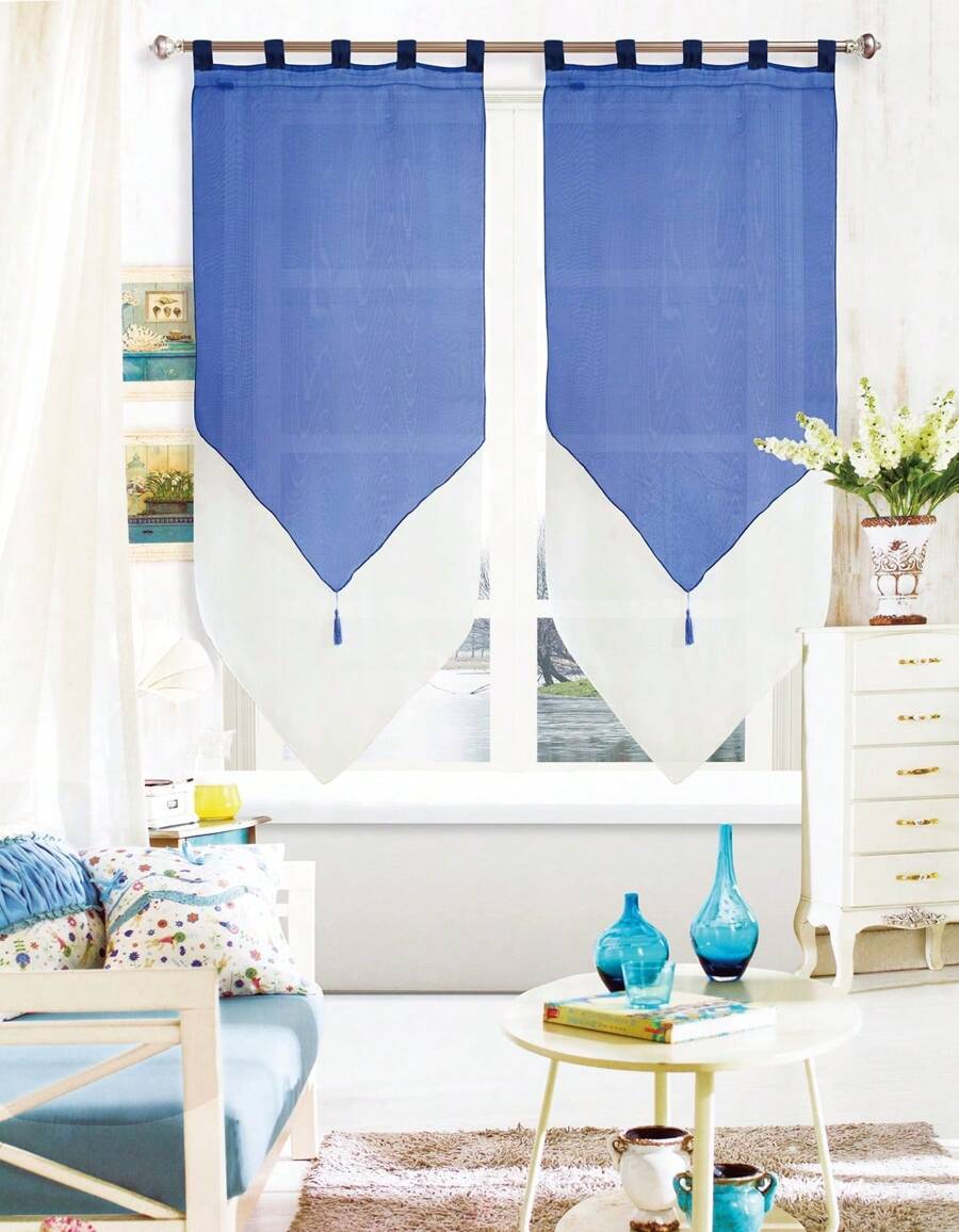 Transparent Polyester Curtains With Fringes (2 Pieces), In 60x90 Cm, 60x120 Cm And 60x160 Cm, Ideal For Living Room, Bedroom, Balcony And More. - 藍色 - 查看 1