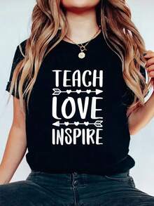 Teach Love Inspire T-Shirt Back To School Teacher Shirt T-Shirt Print Cotton T-Shirt For Summer, Women's Soft Short Sleeve Top, Stylish Comfy Tee For Women Graphic Tees - Black - View 1