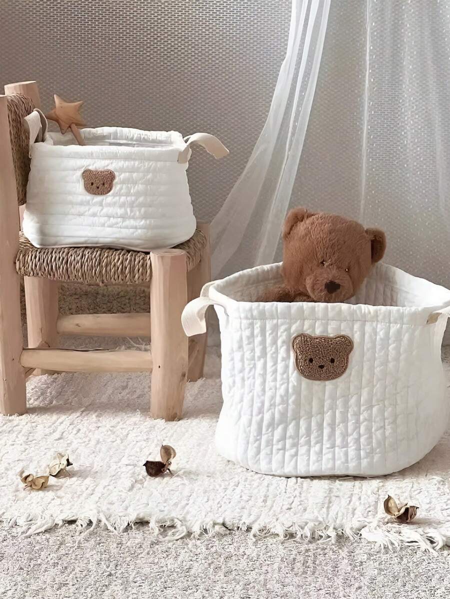 1pc Cute Bear Quilted Storage Basket For Baby Clothes, Diapers And Toys Organization