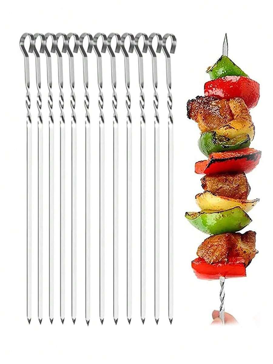 12 件扁平金属烧烤串 14 英寸长不锈钢烤肉串 宽可重复使用烧烤串套装 适用于肉类 虾类 鸡肉 蔬菜