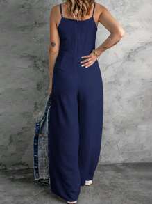 Acelitt 1 pieza Mono informal de verano sin mangas de piernas anchas y cuello en V de unicolor para mujer