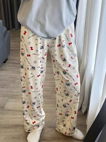 Sanrio Calça Confortável e Solta com Estampa de Desenho Animado Hello Kitty para Mulheres, Adequada para Loungewear e Sleepwear, Todas as Estações, Outono