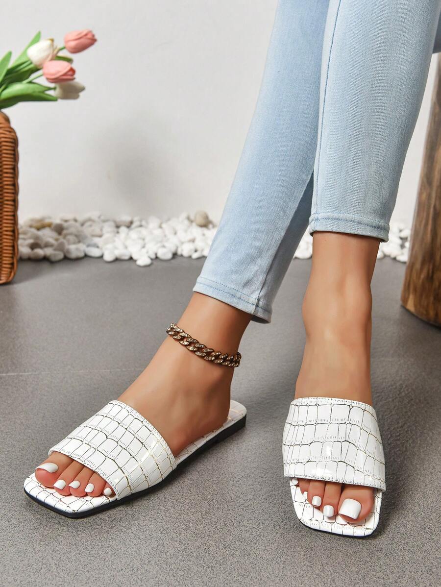 Women Flat Slip On Sandals With Slip-On Stone Texture, Matching Color Insole, Lightweight Breathable Design For Daily Wear In Summer - White - View 1