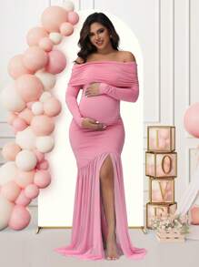 Maternity Long Sleeve Off Shoulder Dress Solid Color Mesh Paneled Split Hem Gown For Baby Shower Photoshoot Party