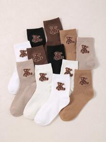 12 Pairs Vintage Cute Bear Pattern Kids Mid-Calf Socks, Antibacterial Fabric, Comfortable Fit, Durable, Moisture-Wicking, Breathable, Suitable For Sports, Casual, Outdoor Activities, Ensuring Kids Wear Comfortable Socks Everyday - Multicolor - View 1