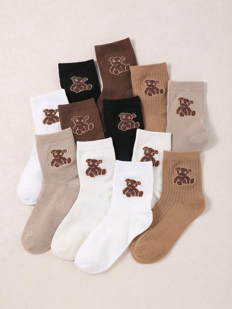 12 Pairs Vintage Cute Bear Pattern Kids Mid-Calf Socks, Antibacterial Fabric, Comfortable Fit, Durable, Moisture-Wicking, Breathable, Suitable For Sports, Casual, Outdoor Activities, Ensuring Kids Wear Comfortable Socks Everyday - Multicolor - View 1