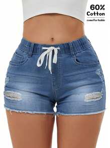Drawstring Waist Ripped Raw Cut Denim Shorts For Summer