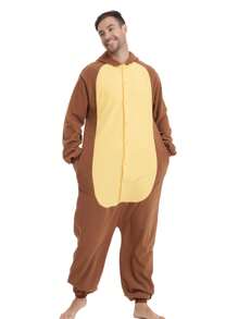 Adult Men's Velvet Cartoon One-Piece Pajamas, Autumn And Winter Thickened Animal One-Piece Pajamas, Hooded Velvet Warm Home Clothes, Halloween Costumes, Christmas Role-Play Party Costumes - 巧克力棕 - 查看 5