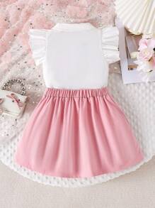 Set de 2 piezas con blusa sin mangas con volantes y falda con decoración de lazo, atuendo veraniego para niña
