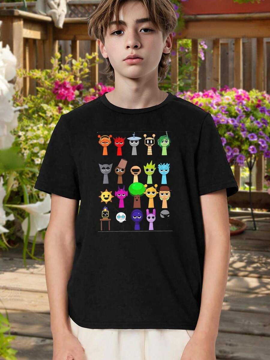 Kids' Black Short Sleeve T-Shirt With Colorful Cartoon Character Print - Fun Unique Graphic Tee For Boys Girls - Casual Cotton Top For School Play Everyday Wear - Youth T-Shirt