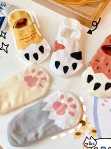 5 Pairs Women's Casual Cat Paw Print Ankle Socks, Cute Indoor Socks