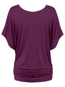 HIGHFINE Women's Boat Neck Short-Sleeved Bat Sleeve On The Band Side Draping - 暗紫色 - 查看 2