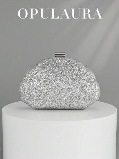 OpulAura 女士闪亮奢华闪光手拿包，闪亮银色闪亮晚礼服配饰，浪漫婚礼迷你手提包，优雅派对钱包，适合返校派对、舞会、婚礼、伴娘，配有链条