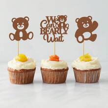 12/24 Stücke "Wir können es kaum erwarten" Thema Cupcake Topper, Glitzer Bär Cupcake Picks, geeignet für Gender Reveal Thema Geburtstagsparty Kuchen Dekoration, Braun - Verschiedenfarbig - Übersicht 6