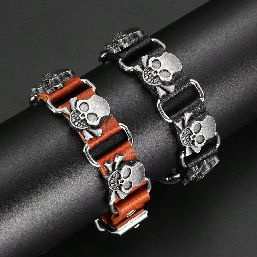 1 件复古朋克骷髅合金皮革男士手链 - 骷髏款 - 查看 1