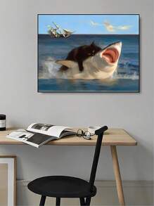 1/2 件现代复古动物主题装饰海报，猫鲨大战墙壁艺术印刷品，抽象蓝色金鱼和鲨鱼鳍以及励志名言，室内艺术，墙壁艺术，无框，适用于家庭办公室、浴室、客厅、厨房、卧室