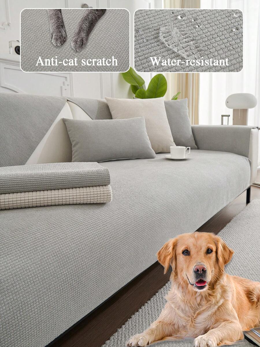 1pc Corn Velvet Solid Color Sofa Cushion, Style Pet Friendly Anti-Dirty Anti-Slip Sofa Cover, Autumn/Winter Anti-Scratch Sofa Protector Suitable For L-Shaped Combination Sofa And 1/2/3/4 Seat Sofa - Light Grey - View 1