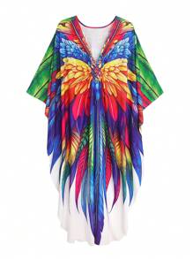 Plus Size Parrot Print Kaftan Dress Women Spring Vacation Beach Outfits - Multicolor - View 4