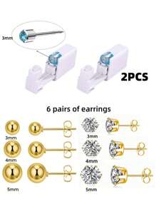 14pcs/Set Sterile Ear Piercing Kit, (2pcs Ear Piercer + 6pcs White Zirconia Gold Earrings + 6pcs Gold Bead Earrings), Disposable Low-Pain Ear Cartilage Piercing Gun With Built-In Ear Studs, Ear Beauty Tools & Accessories For Both Men And Women