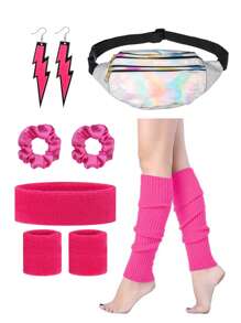 D EXCEED 7-teiliges 80er-Jahre Kostüm-Accessoires-Set für Frauen, bestehend aus Armband, Beinstulpen, Vintage Blitz-Ohrringen, Haarband, Haargummi, Hüfttasche. Geeignet für Bars, Nachtclubs, Geburtstagsfeiern, Bandauftritte, Halloween Kostüme, Abschlussball. - mehrfarbig - Übersicht 7