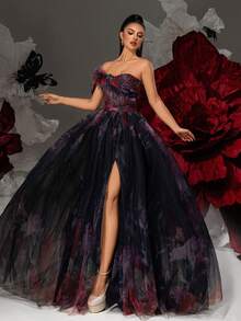 优雅露肩黑色花卉印花长款薄纱高开衩晚礼服，女士正装和晚礼服，女士舞会礼服，正式晚礼服，派对礼服，婚礼宾客礼服