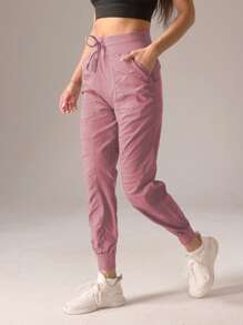1pc Women Pleated Solid Color Casual Sport Style Pants - Dusty Pink - View 5