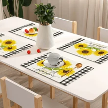 1/4/6pcs Sunflower Vase Summer Placemats, Sunflower & Vase Series Checkered Pattern Printed Polyester Linen Placemats, Table Mats, Hot Pads, Kitchen Decor, Western Dining Table Mats