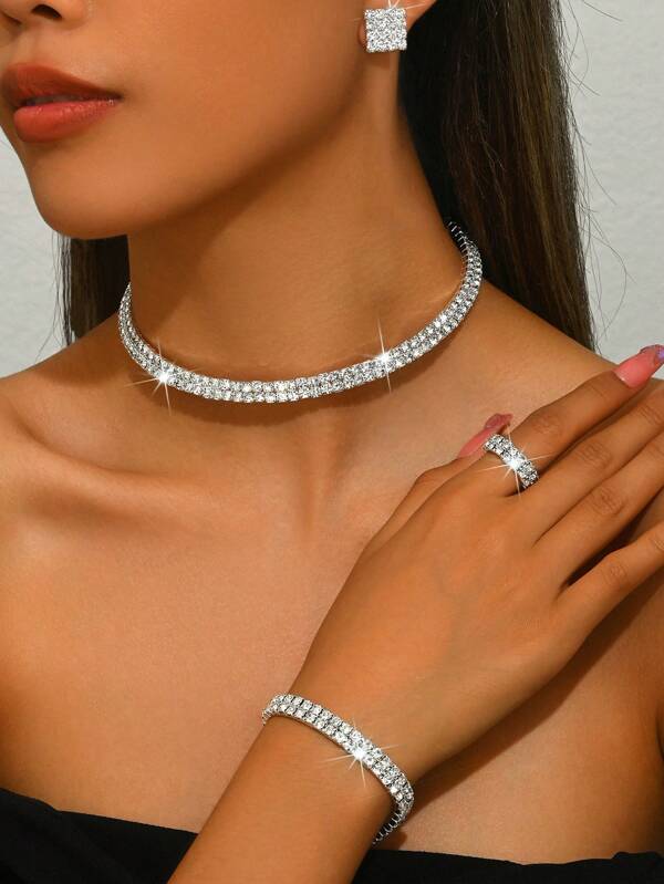 1 Set de joyería de moda con cadena de garra y cristales de strass que incluye 1 collar, 1 pulsera, 1 anillo, 1 par de pendientes, joyería nupcial y de boda brillante con cristales