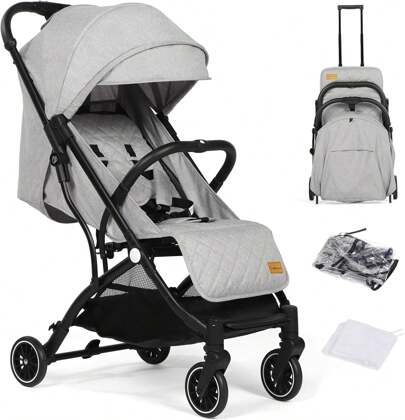 Lightweight Travel Stroller Compact Baby Pushchair With Adjustable Seat, Mosquito Net, Rain Cover, One-Hand Folding Buggy With 5-Point Harness For Toddlers From Birth To 15kg