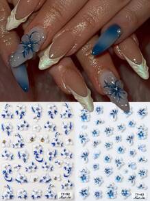 FULL BEAUTY 渐变蓝色软果冻五瓣花 5D 浮雕美甲贴纸，梦幻绽放透明白冰花指甲贴花节日婚礼指甲设计 DIY 指甲用品浮雕饰品装饰 - 彩色 - 查看 2