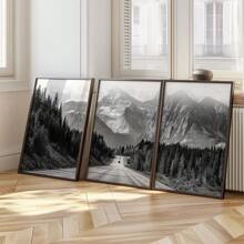 Set Of 3 Black And White Mountain Prints, Nature Wall Arts, Forest Prints, Canvas Posters, Modern Wall Decor, Spring Decor, Indoor Decor, Artwork For Living Room, Bedroom, Home Office, Kitchen, Bar, Cafe, Hallway, Home And Room Decoration, Unframed Gifts Birthday Graduation