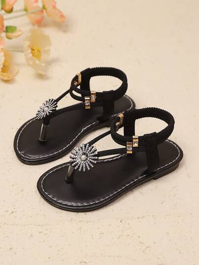 1 Pair Plus Size Women's Fashion Rhinestone Embellished Sunflower Sandals, Elastic Strap Slip-On Design, Round Toe Flat Non-Slip Bohemian Princess Beach Shoes, Suitable For Girls Aged 3-12, Casual, Party, Travel, Holiday, Spring/Summer 2026