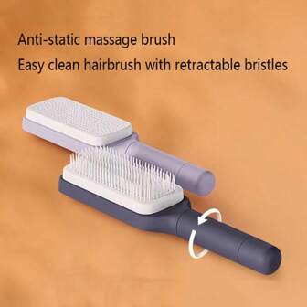 1pc zelfreinigende haarborstel, intrekbare haarborstel, gemakkelijk te reinigen haarborstel met intrekbare borstelharen, antistatische massageborstel, eenvoudig haar verwijderen en reinigen, zelfreinigende borstel (zwart + paars)