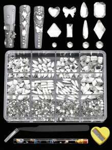 12 Grid Manicures 160 Rhinestones And 1100 Flat Bottom Small Round Diamonds. Different Shapes And Styles Of Mixed Glass Nail Decorations With Some Diamond Pencil Sharpener Sets Can Be Used For Clothing Face Nail DIY Decoration And Use - 彩色 - 查看 16