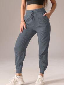 1Pc Women Sports Style Pleated Solid Color Casual Long Pants Tights - Dusty Blue - View 4