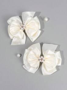 2PCS Elegant Bow Hair Clips For Girls White Satin Haipin For Kids, Pearl Decor Alligator Barrettes Hair Accessories