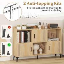 Sideboard Storage Cabinet Bookcase With 3 Doors & Open Compartments - 卡其色 - 查看 4