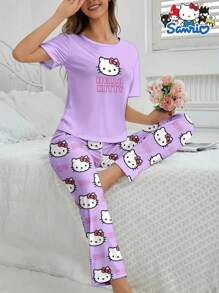 Sanrio Set da notte Hello Kitty Sanrio da 2 pezzi, composto da maglietta a maniche corte con collo tondo e pantaloni lunghi, con stampa a cartoni animati e lettere, pigiama comodo