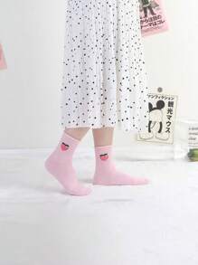 5 Pairs Women Casual Crew Socks With Cute Fruit Print & Letter Design, Comfortable & Versatile, Suitable For Daily Wear, Commute And All Seasons