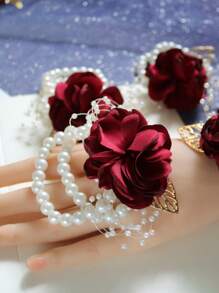4pcs/Set Wine Red Bride Bridesmaid Wrist Corsage Elastic Faux Pearl Bracelet, For Weddings, Parties, Banquets Valentine's Day Accessories