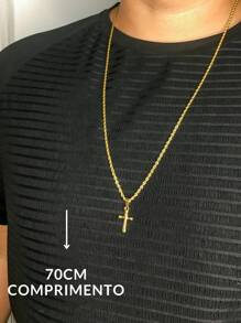 Corrente Cordão Masculino longo 70cm Fininho 2mm Elo Baiano Crucifixo Cruz Pequena Dourado Aço Inox