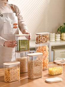 1pc Kitchen Bamboo Lid Thick Transparent Airtight Sealed Jar, Material Large Opening Canister For Beans, Pasta, Cookies, Snacks, Simple Design Bamboo Lid Large Capacity Food Storage Container