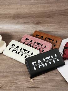 And Functional Women's Long Wallet With "Faith" Letter Print, Premium Leather Material, Multi-Card Slots For Credit Card, Bank Card, And Coin Storage, Zipper Closure For Secure Storage Of Bills And Coins, Compact And Lightweight Design For Easy Carry, Ideal For Shopping, Travel, And Daily Use, Perfect Gift For Girlfriend, Mother, Or Teacher - Black - View 3