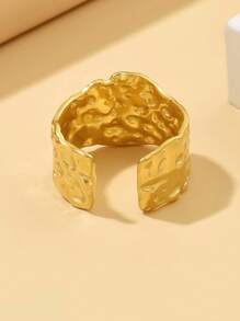 1pc Vintage Wide Asymmetrical Hammer Pattern Stainless Steel Ring, Personalized Exaggerated Texture 18K Gold Plated Accessories For Women, Daily Wear - Silver - View 5