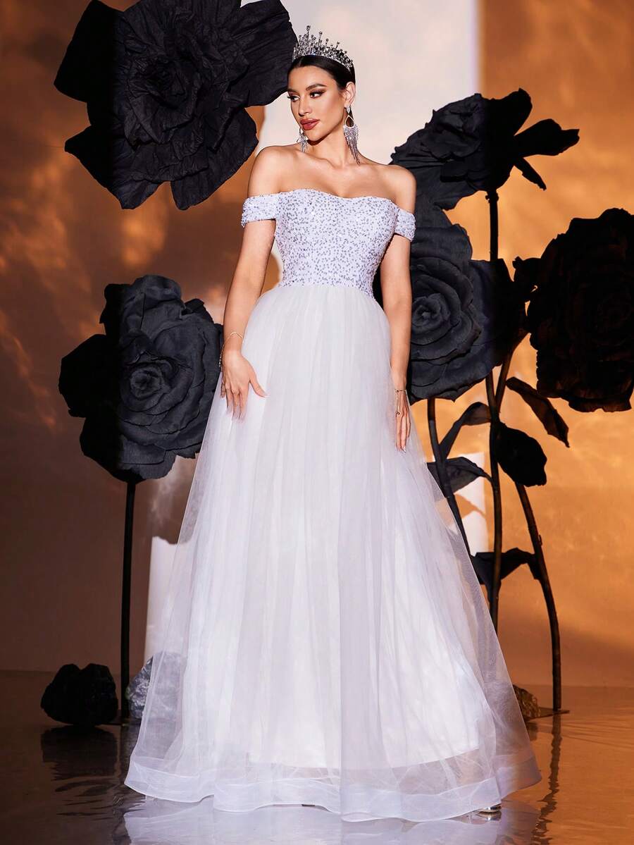 White Off Shoulder Sequin Mesh Maxi Wedding Dress, Bride