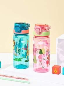 1 pieza Vaso de agua portátil de 600ml con diseño de dibujos animados para niños, tapa con resorte, portátil para estudiantes hombres y mujeres, vaso escolar de plástico portátil hombre y mujer